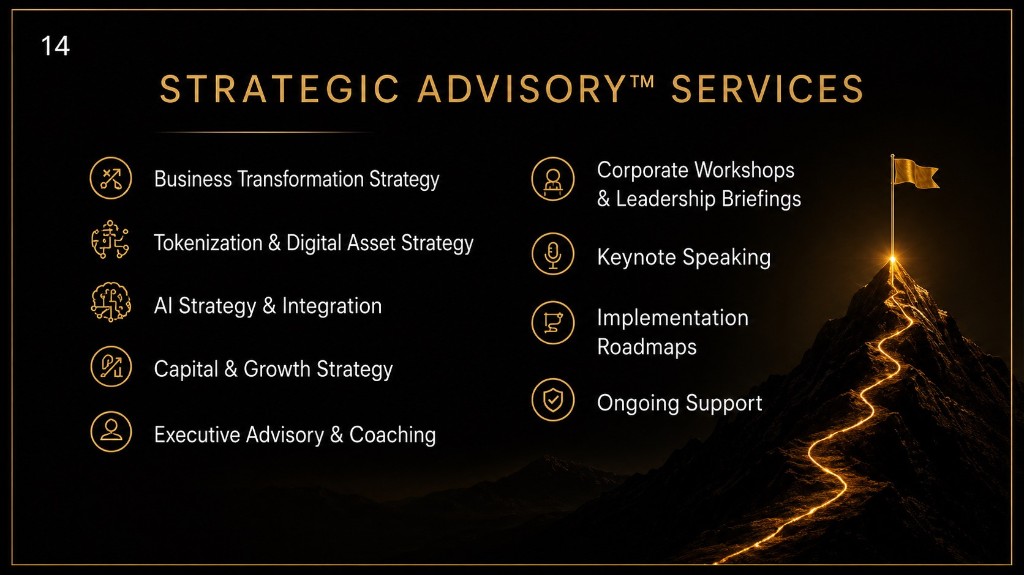 Strategic Advisory services: transformation, tokenization, AI, capital strategy, coaching